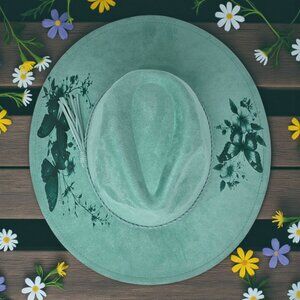 Seafoam Green Vegan Suede Wide-Brim Hat – Laser Engraved Flowers & Butterflies